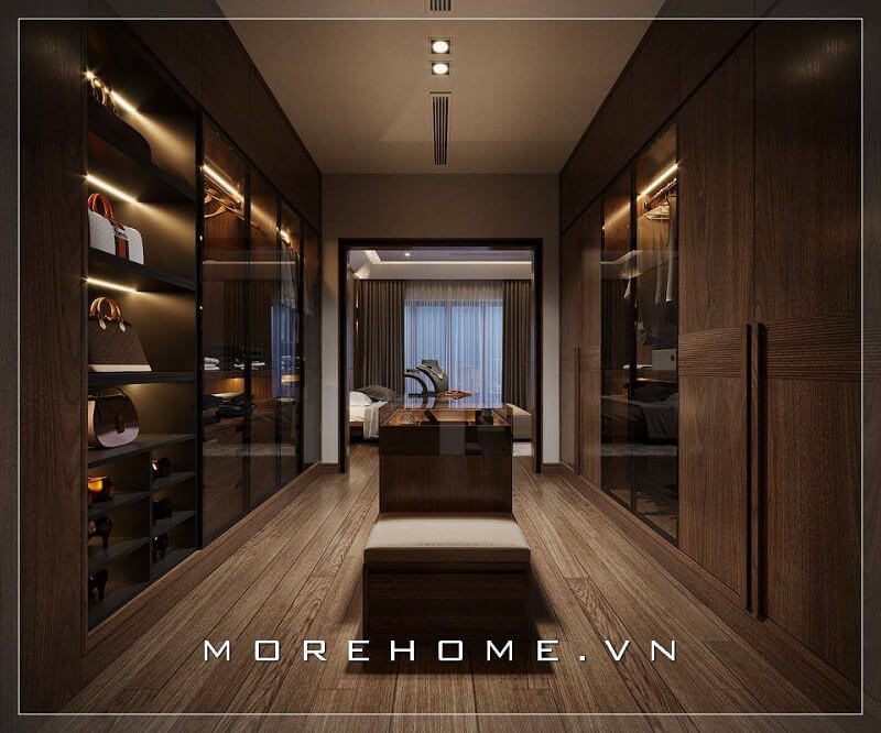Mẫu thiết kế nội thất biệt thự sang trọng với không gian phòng thay đồ tông màu nâu trầm tinh tế, sử dụng gỗ tự nhiên cao cấp để tạo nên một không gian sống hoàn hảo cho gia chủ.